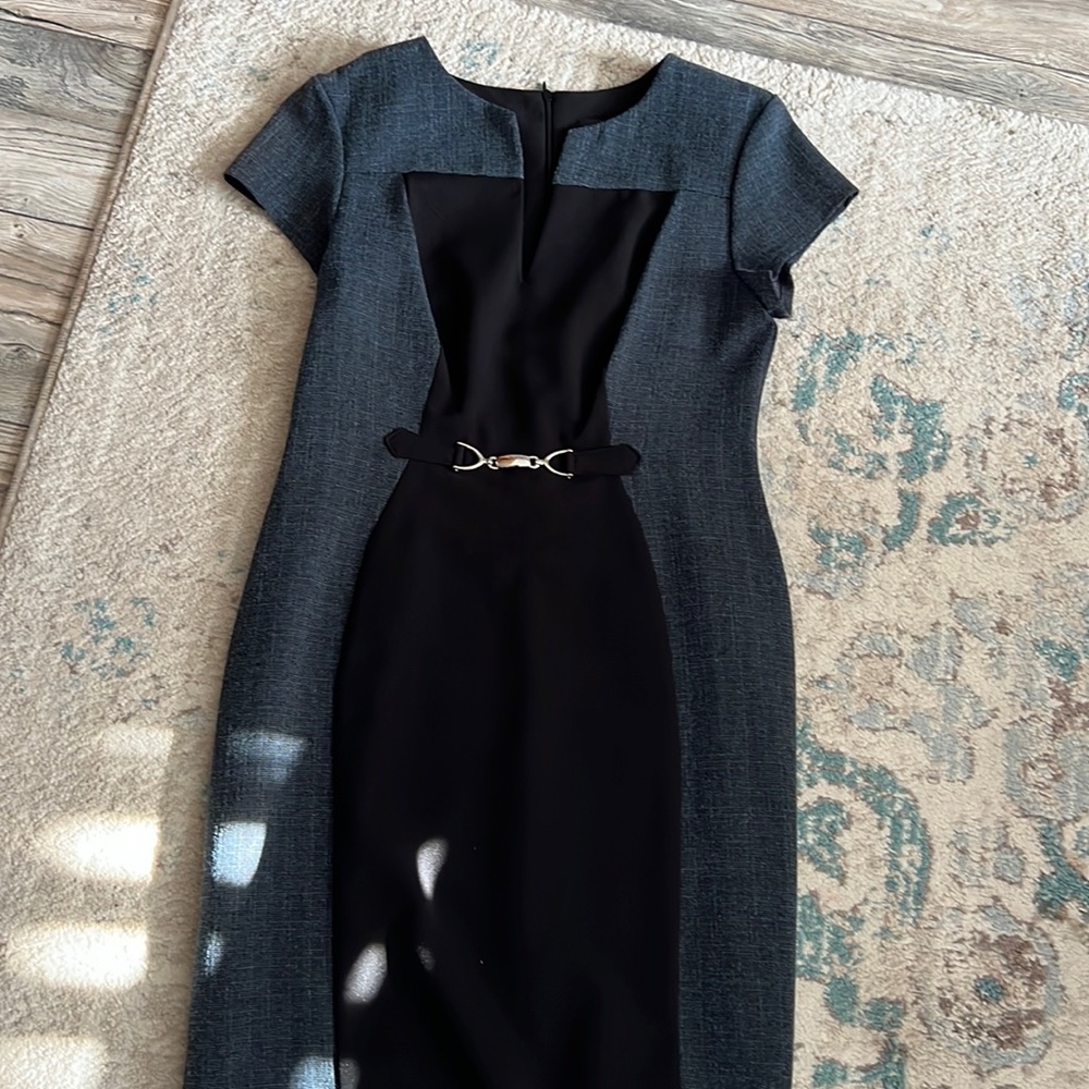 Connected Apparel size 10 blue dress with black panel.